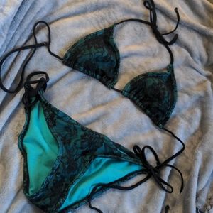 Teal with black lace overlay string bikini